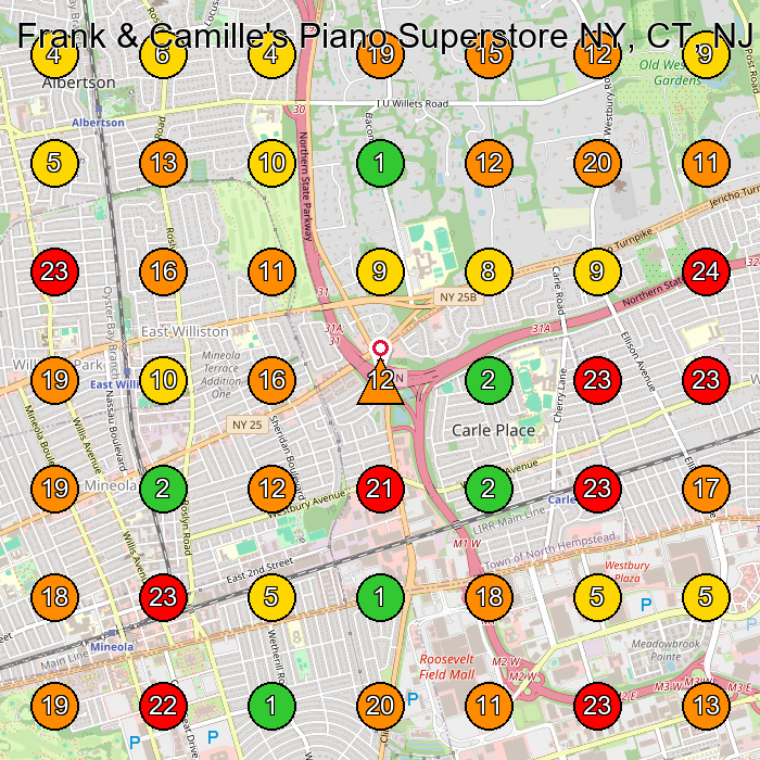 Frank & Camille's Piano Superstore NY, CT, NJ - New & Certified Pre-Owned Baby Grands, Grands, Uprights & Piano Restorations Piano Store GeoGrid ranking map for Carle Place NY